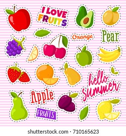 Set of cute fruits in the form of a retro patches. Summer fruis patch sticker, vector illustration
