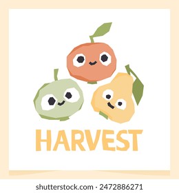 Set with cute fruits and lettering harvest on a white background. Vector illustration for printing. Pear and apple friendship. Cute children's greeting card.