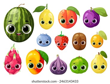 Set of cute fruits on a white background. Cartoon style.