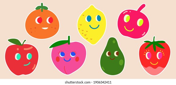 A set of cute fruits pins stickers design collection, kawaii, fun and adorable, simple colorful, flat hand drawn childish doodle style