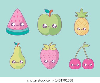 set of cute fruits style kawaii