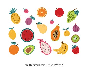 Set of cute fruits. Summer season. Vector elements in flat style. Various fruits and berries. White isolated background.