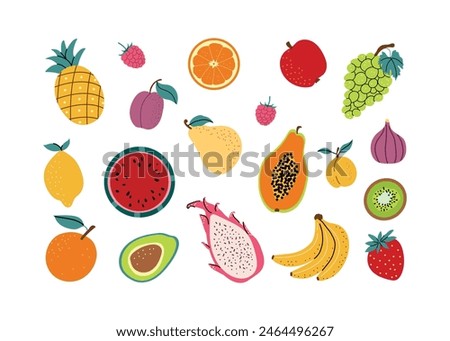 Set of cute fruits. Summer season. Vector elements in flat style. Various fruits and berries. White isolated background.