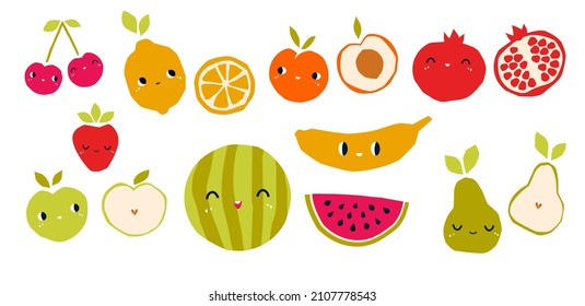 A set of cute fruits in a trending style. Vector children's clipart. Cute baby food emoticons