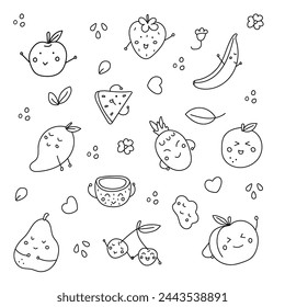 Conjunto de frutas lindas. Ilustración vectorial en estilo doodle.