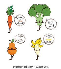 Set of cute fruits and vegetables doing yoga with motivation quotes. vector illustration