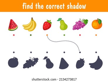 Set of cute fruits, watermelon, grapes, pear, strawberry, banana, mango. Find the correct shadow. Educational game for children. Cartoon vector illustration, color clipart.