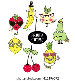 Set of cute fruity characters. Doodle style. Kid design.