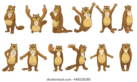 Set of cute full length beavers standing with open arms, giving thumbs up, shrugging shoulders, waving hand, giving five, jumping, praying. Vector illustration isolated on white background.