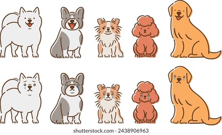 Set of cute full-body pet illustrations depicting a grieving dog crying through tears