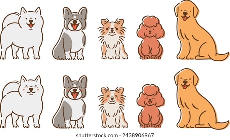 Conjunto de lindas ilustraciones de mascotas de cuerpo completo que representan a un perro feliz, sonriente y risueño