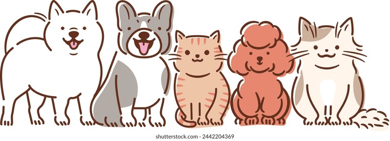 Set of cute full-body pet illustrations of a smiling, laughing dog or cat sitting_white back