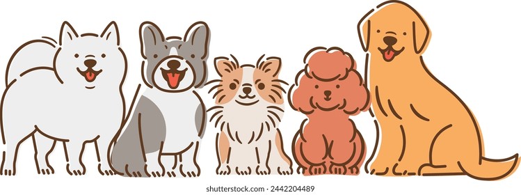 Set of cute full-body pet illustrations depicting a group scene of smiling and laughing dogs_white back