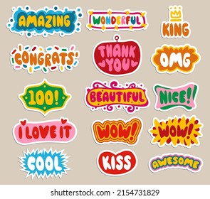 Set of cute and fun, appreciation stickers. Fifteen ways to show your love and sympathy. Comics style, vector file.