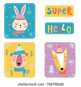 Set of cute and fun badges or patches with fox, hare and bear and words super and hello. Design for children.