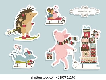 Set of cute fun Christmas animals, the mouse and a bird on the sledges, hedgehog on the ski, the pig carring presents on the sledge and a cute contour frame. Vector background.