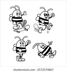 Set Cute and fun retro rubber hose bee cartoon character vector illustration. Cool and fun black and white bee character print design.