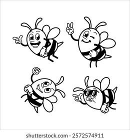 Set Cute and fun retro rubber hose bee cartoon character vector illustration. Cool and fun black and white bee character print design.