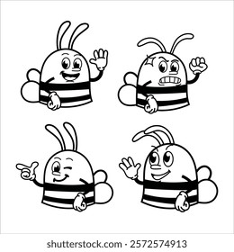 Set Cute and fun retro rubber hose bee cartoon character vector illustration. Cool and fun black and white bee character print design.