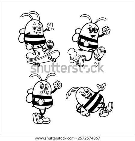 Set Cute and fun retro rubber hose bee cartoon character vector illustration. Cool and fun black and white bee character print design.
