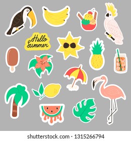 Set of cute and fun summer stickers. Fruits, cocktail, palm leaves, parrot, toucan, flamingo fancy objects. Beach party vector elements.