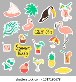 Set of cute and fun summer stickers. Fruits, cocktail, palm tropical leaves, toucan, flamingo, fancy objects. Beach party vector elements.