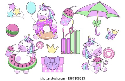 Set of cute and fun summer stickers/ badges/ icons/ patches/ design elements.Happy unicorn goes on vacation, eats watermelon, sunbathing and drinks delicious drinks.Set isolated on white