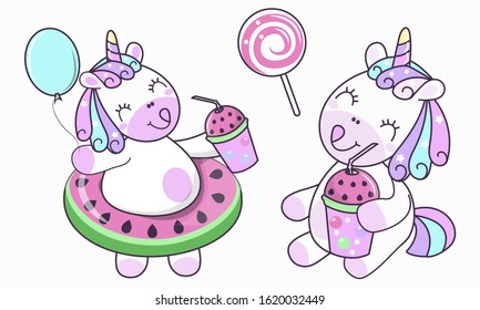  Set of cute and fun summer stickers/ badges/ icons/ patches/ design elements.Happy unicorn goes on vacation sunbathing and drinks delicious drinks.Set isolated on white