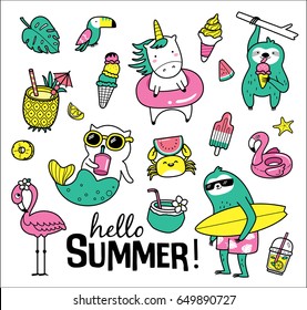 Set of cute and fun summer stickers/ badges/ icons/ patches/ design elements.