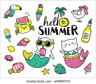 Set of cute and fun summer stickers/ badges/ icons/ patches/ design elements.