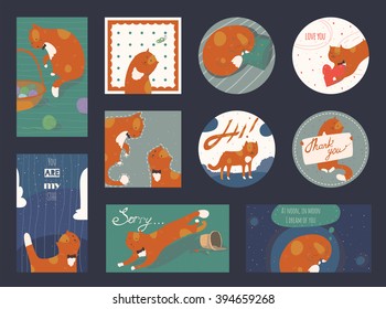 Set of cute and funky square and round cards, horizontal and vertical, with funny ginger cats. Lettering includes words "sorry, thank you,love you, you my star" and dedicated to love and relationships