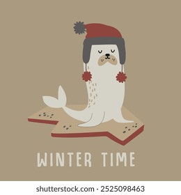 Set of cute and funny adorable arctic animals in flat cartoon style. Wild polar fauna penguin sea lion snowman winter tree design elements for printing, poster, card. Vector illustration