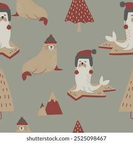 Set of cute and funny adorable arctic animals in flat cartoon style. Wild polar fauna penguin sea lion snowman winter tree design elements for printing, poster, card. Vector illustration