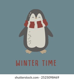 Set of cute and funny adorable arctic animals in flat cartoon style. Wild polar fauna penguin sea lion snowman winter tree design elements for printing, poster, card. Vector illustration