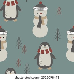 Set of cute and funny adorable arctic animals in flat cartoon style. Wild polar fauna penguin sea lion snowman winter tree design elements for printing, poster, card. Vector illustration