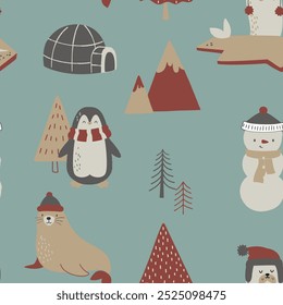 Set of cute and funny adorable arctic animals in flat cartoon style. Wild polar fauna penguin sea lion snowman winter tree design elements for printing, poster, card. Vector illustration