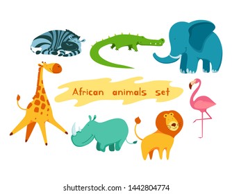 Set of cute and funny african animals. Collection of cartoon characters isolated on white background. Flat vector illustration.