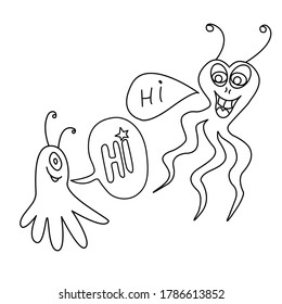 Set of Cute funny aliens. Design element, icon on the theme of UFO, space. Doodles vector illustration. Concept of first contact
