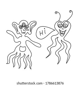 Set of Cute funny aliens. Design element, icon on the theme of UFO, space. Doodles vector illustration. Concept of first contact