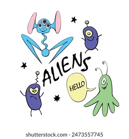 Set of cute funny aliens. Design element, icon on the theme of UFO, space. Doodles vector illustration.
