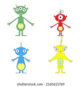 A set of cute, funny aliens.  UFO.
