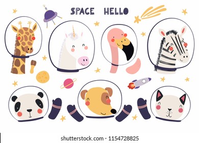 Set of cute funny animal astronauts in space helmets, with stars. Isolated objects on white background. Hand drawn vector illustration. Scandinavian style flat design. Concept for children print.