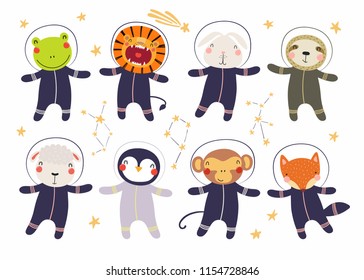 Set of cute funny animal astronauts in space suits, with stars. Isolated objects on white background. Hand drawn vector illustration. Scandinavian style flat design. Concept for children print.