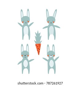 a set of cute funny animal characters; Easter rabbit or bunny with a red carrot; simple cartoon vector design