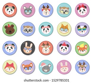 Set of cute funny animal faces or heads in glasses, hats headbands and wreaths isolated on white background. Colorful hand drawn vector illustration