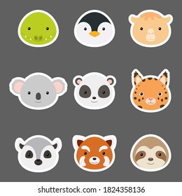 Set of cute funny animal heads stickers. Wild cartoon animal characters for baby print design, kids wear, baby shower, greeting and invitation card, wall decor. Flat vector stock illustration