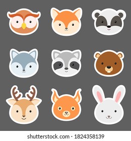 Set of cute funny animal heads stickers. Woodland cartoon animal characters for baby print design, kids wear, baby shower, greeting and invitation card, wall decor. Flat vector stock illustration