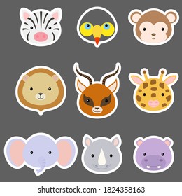 Set of cute funny animal heads stickers. African cartoon animal characters for baby print design, kids wear, baby shower, greeting and invitation card, wall decor. Flat vector stock illustration