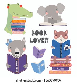 Set of cute funny animals with books, cat, wolf, crocodile, elephant, with quote. Isolated objects on white. Hand drawn vector illustration. Scandinavian style flat design. Concept for children print.