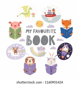 Set of cute funny animals with books, bunny, sloth, fox, pig, with quote. Isolated objects on white background. Hand drawn vector illustration. Scandinavian style flat design. Concept children print.